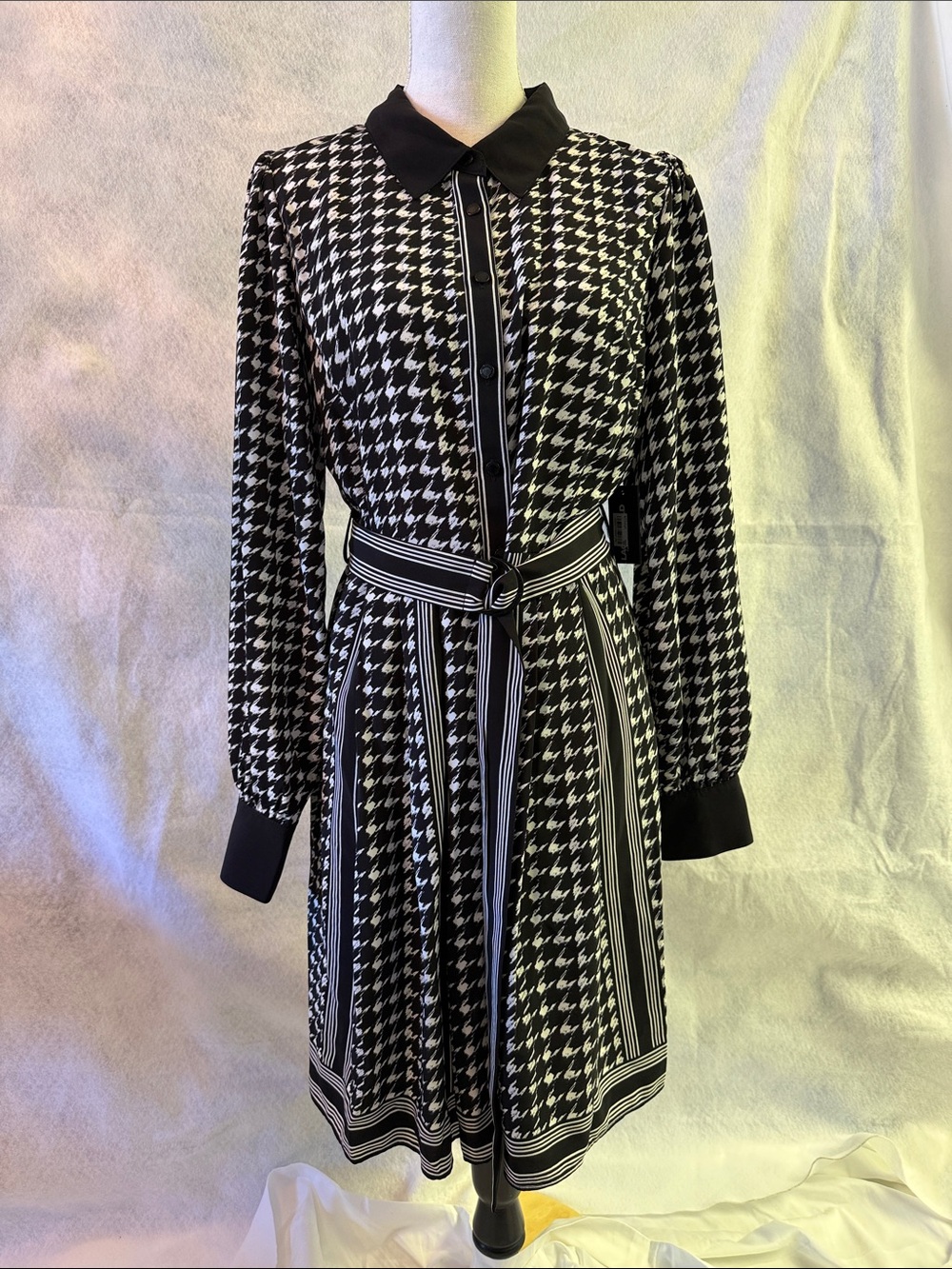 Karl Lagerfeld Black and White Houndstooth Long-Sleeve Shirt Dress